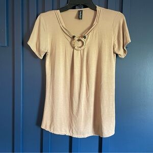 Sacred Threads Beige Short-Sleeve Top with Decorative Ring and bead accents.